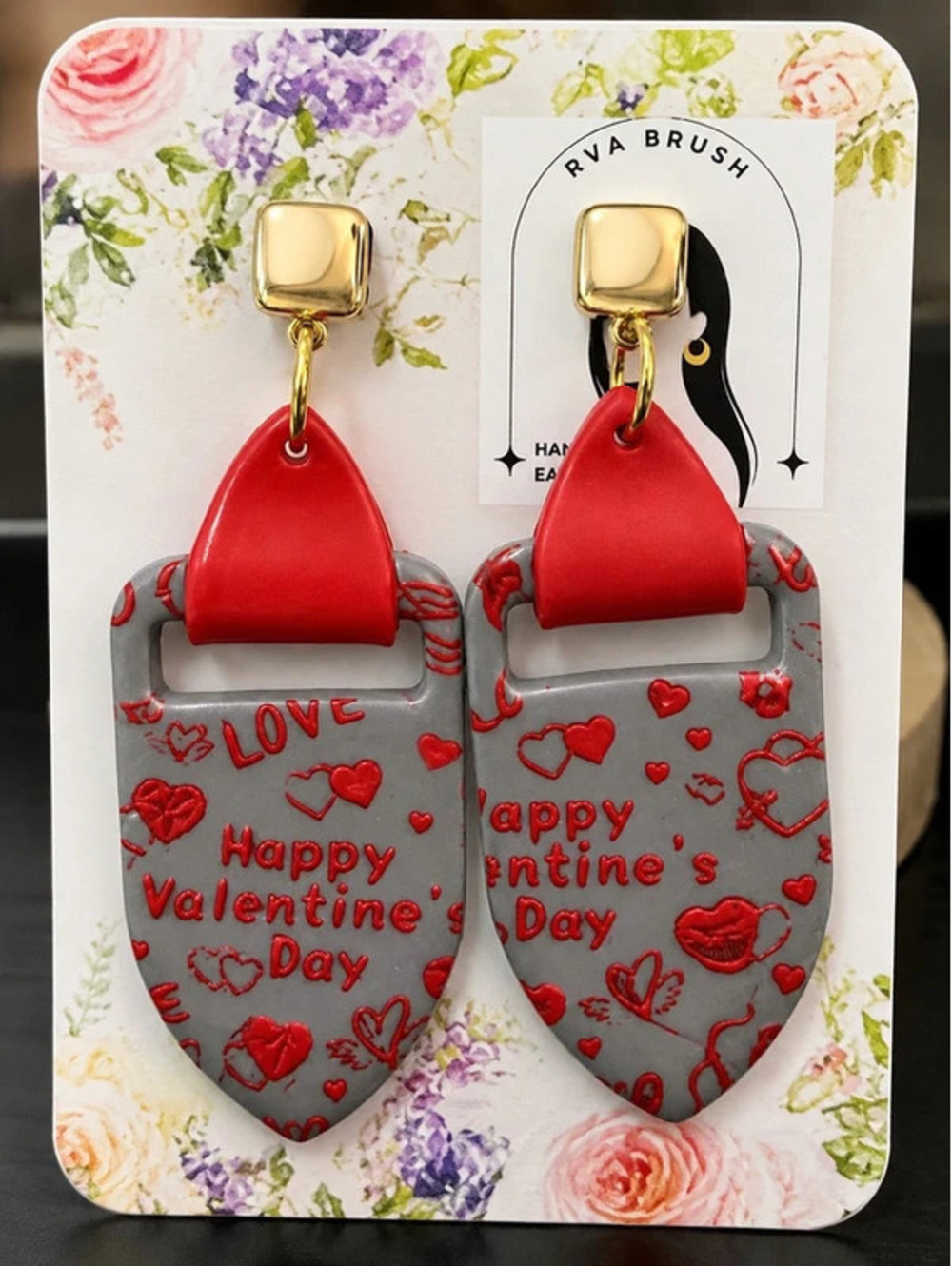 Handmade Valentine’s Day Polymer Clay Dangle Earrings with Gold Square Studs